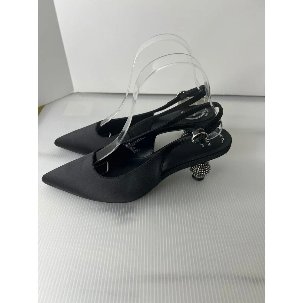 A New Day Womens Black Satin Slingback Rhinestone Ball Heel Pumps Size 6 NEW‎